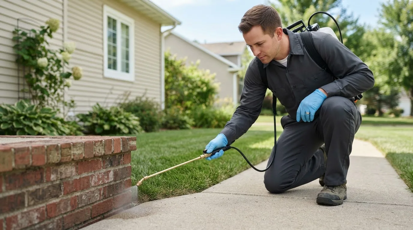 Pest control technician treating a home near Rhodes, IA