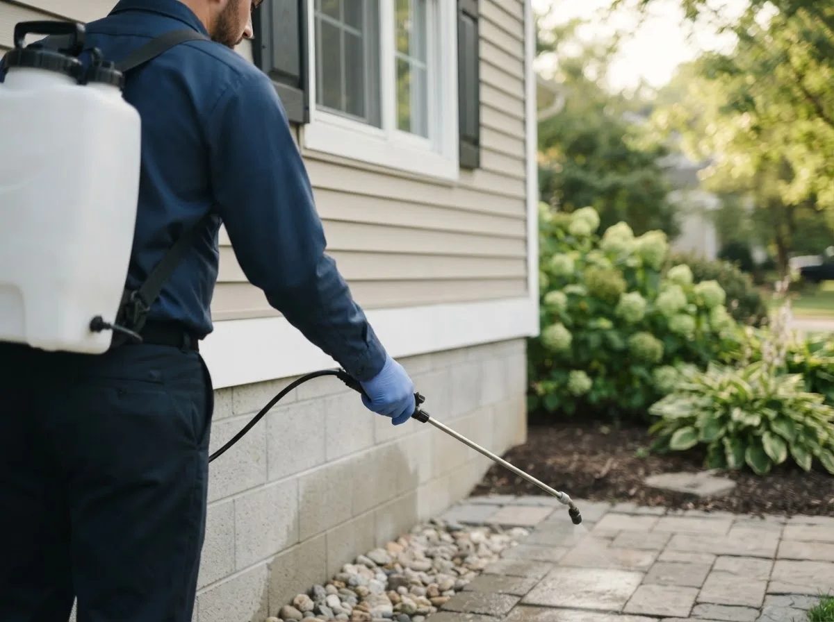 Pest control technician inspecting a home in Rhodes, IA